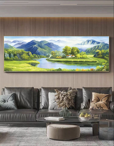 Pintura hecha a mano de arenisca natural-Serene "Montañas verdes Aguas azules" Arte de pared de paisaje chino - Product Image 6