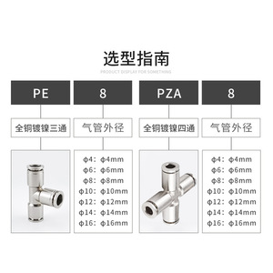 Raccord pneumatique à connexion rapide, tout en cuivre nickelé, en forme de T, croix PE6 8 10, résistance à haute pression, pièces pneumatiques - Product Image 2