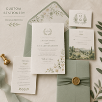Suite d'invitations de mariage personnalisées en aquarelle toscane avec bordure festonnée, monogramme, et enveloppe vert sauge