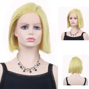 14 Inch Korte Coole Blonde Met Donkere Wortel Kinky Rechte Synthetische Kant Pruiken Menselijk Haar Voor Dames Dagelijks Dragen