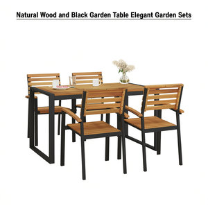 Ensemble de table de jardin en bois naturel et noir, 4 places, mobilier d'extérieur, design élégant, résistant aux intempéries - Product Image 1