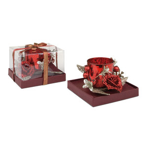 Portacandele in vetro rosso con decorazioni di rose e bacche, diametro 65 mm, altezza 75 mm - Product Image 1