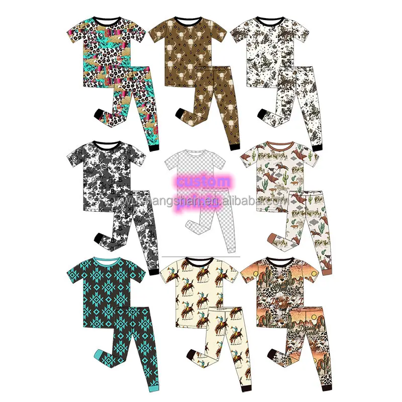 Custom Gemixt Bedrukt Bamboe Stof Kids Baby Lounge Kleding Sets Pyjama Korte Mouw Tops & Broek 2 Delige Sets