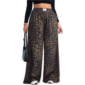Pantalon large taille haute imprimé léopard pour femme, grande taille, en crêpe respirant avec poches, style décontracté - Product Image 1