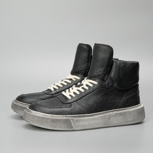 Baskets montantes en cuir véritable noir, bout rond, à lacets, semelle extérieure en caoutchouc, semelle intermédiaire en EVA, amorties, chaussures décontractées toutes saisons - Product Image 2