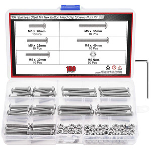 304 Stainless Steel M5 Hex Button Head <b>Cap</b> Screws Nuts Kit 100 Pcs Boxed Set With Hex <b>Key</b> - Product Image 1
