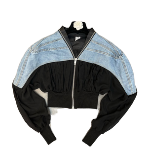 Women's <b>Cropped</b> <b>Denim</b> Patchwork Bomber <b>Jacket</b> Casual Zip Up Color Block Ruched Balloon Sleeve Streetwear Ruched <b>Jacket</b> - Product Image 1