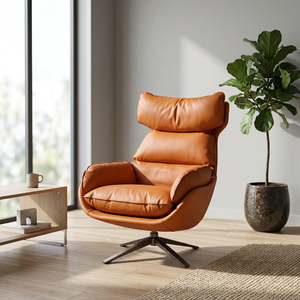 Sillón de Cuero Moderno, Respaldo Sólido, Giratorio, Estilo Mid-Century, Mueble para Sala de Estar - Product Image 3