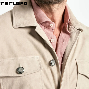 Oem Odm <b>Suede</b> Field <b>Jacket</b> <b>Men</b> Taupe Stand Collar Four Pocket Windbreaker Streetwear Outerwear Manufacturers Bulk - Product Image 4
