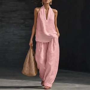 Conjunto de Dos Piezas para <span class=keywords><strong>Mujer</strong></span>, Estilo Europeo Americano 2026, Chaleco Holgado sin Mangas con Hombros Descubiertos, Pantalones Anchos Casuales de Verano - Product Image 4