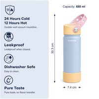 Bouteille d'eau de luxe isotherme classique à double paroi en acier inoxydable avec couvercle à petite ouverture pour 680 ml, écologique et sans BPA