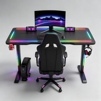 Bureau de jeu LED RGB avec plateau en verre trempé, structure en acier en forme de I, table d'ordinateur pour salle de jeu, bureau à domicile