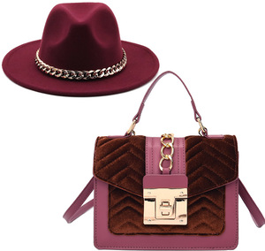 Q20123 8 couleurs automne/hiver dames Jazz large bord Fedora avec chaîne bandeaux et velours sacs à main femmes feutre <span class=keywords><strong>Fedoras</strong></span> + sac ensemble - Product Image 2