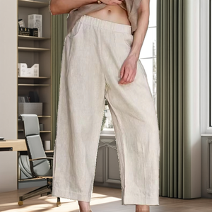Pantalones Casuales de Otoño para Mujer, Ecológicos y Sostenibles, 100% Lino, Sólidos, Transpirables, con Cintura Elástica, Bolsillos y Pierna Recta, para Trabajo - Product Image 2