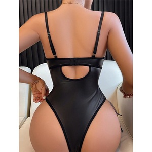 Combinaison en maille et cuir PU pour femme, lingerie transparente en résille, babydoll sexy, vêtements de nuit pour soirée intime en club - Product Image 5