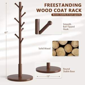 Perchero de pie de madera con 8 ganchos de punta redonda, 3 alturas ajustables, 13"D x 13"W x 67.3"H - Ideal para <span class=keywords><strong>recibidor</strong></span> u oficina (Marrón) - Product Image 4