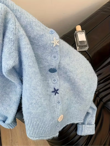 Cardigan en maille effet <span class=keywords><strong>mohair</strong></span> duveteux pour femme, col rond, manches longues, avec breloques étoiles <span class=keywords><strong>de</strong></span> mer, 71 % mélange <span class=keywords><strong>de</strong></span> polyester, pull d'hiver - Product Image 6