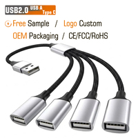 Cable USB-A 4 en 1 de Metal y Nylon Trenzado, Cable de Datos OTG Tipo-C Macho a Hembra, Extensor USB 2.0, Etiqueta Privada Personalizada