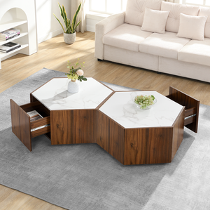 Moderner Marmor-Couchtisch mit 2 Versteckten Schubladen Strukturierte Weiße Oberfläche Walnuss-Eichen-Finish - Höhenverstellbar für Wohnzimmer - Product Image 2