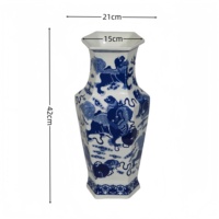 Vase de table hexagonal Art Déco en porcelaine bleue et blanche, motif Danse du Lion peint à la main, céramique chinoise exquise et durable pour la maison