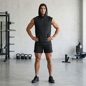 Sudadera sin mangas con capucha para hombre, de corte moderno, atlética, de secado rápido, transpirable, con malla y bolsillo canguro oculto lateral con cremallera, ideal para el gimnasio. - Product Image 3