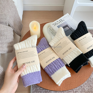 Calzini termici in <span class=keywords><strong>lana</strong></span> a medio polpaccio da <span class=keywords><strong>donna</strong></span> autunno inverno con cavo in maglia Color Block Patchwork, calze da pantofola da interni in stile coreano - Product Image 3