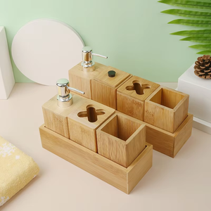 Juego de decoración de accesorios de baño de 4 piezas de madera de bambú con dispensador de loción de jabón soporte para cepillo de dientes bandeja organizadora de almacenamiento - Product Image 1