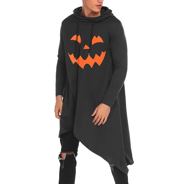 2023 kustom Hari Halloween desain labu pria ponco bertudung jubah kasual Hem asimetris Sweatshirt Hoodie