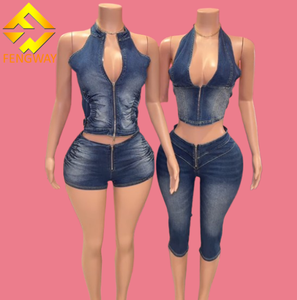 2025 nouveau bleu mode Stretch Denim deux pièces ensembles femmes fermeture éclair sans manches haut court et Shorts tenues - Product Image 1