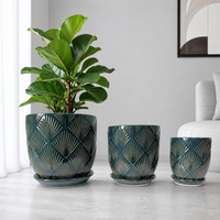 Set Pot Bunga Keramik Berlapis Tebal Warna Teal Art Deco dengan Tatakan, Vas Tanaman Indoor Mewah Berbentuk Kipas dengan Ukiran