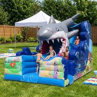 Toboggan gonflable commercial sur le thème des requins et de l'océan avec piscine à jets d'eau pour enfants et adultes – Idéal pour la location lors de fêtes en extérieur