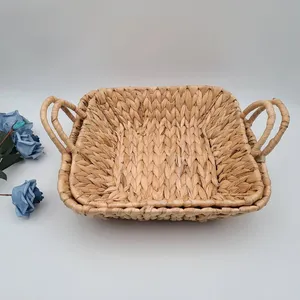 Квадратная корзина для гиацинта с ручкой, плетеная настольная корзина для хранения фруктов, набор из 2 плетеных лотков из ротанга