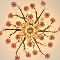 Lustre LED en cristal rose en forme de fleur, en acier inoxydable et céramique, avec interrupteur, hauteur réglable, romantique, suspension moyenne