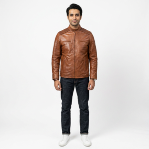 Chaqueta de cuero marrón para motociclistas, estilo racing, moderna, de invierno, para hombre, de cuero vacuno. - Product Image 1