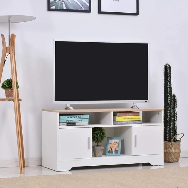 Modern White Wooden Panel TV Stand with Storage for Living Room Bedroom Hotel & Hospital Use