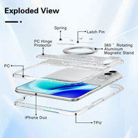 Coque de protection transparente Sparkle Clear pour iPhone Duo avec aimant N52, support rotatif à 360° en métal pour charge sans fil B2BSupply