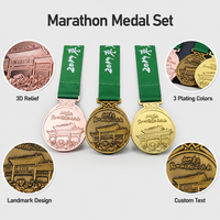 Ensemble de médailles de marathon personnalisées en relief 3D Or Bronze Cuivre, récompense de finisseur pour course urbaine avec architecture emblématique et ruban imprimé