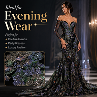 Tissu en tulle noir brodé de fleurs, de sequins et de perles, dentelle en maille brodée multicolore pour robes de soirée haute couture, sur mesure OEM