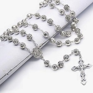 Rosario Católico Retro con Cuentas de Rosa y Cruz, Collar de Aleación de Zinc, Joyería Cristiana, Regalos para Iglesia, Venta al por Mayor - Product Image 1