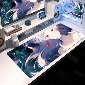 Grand tapis de bureau esthétique nature vert avec des filles elfes de la forêt, tapis de souris de jeu étendu style anime, tapis de clavier avec bords cousus - Product Image 4