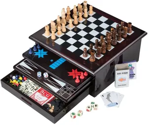 Conjunto de jogos de tabuleiro de luxo 15 em 1, centro de jogos com gaveta de armazenamento, verificadores, xadrez e ludo