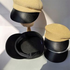 หมวกเบเร่ต์สไตล์อังกฤษแฟชั่นสำหรับผู้หญิง ฤดูใบไม้ผลิ ฤดูร้อน ป้องกันแสงแดด ขอบหมวกหนัง PU ตกแต่งด้วยฟางกระดาษ - Product Image 2