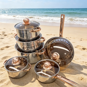 Meilleures ventes 2026 – Ensemble de 12 ustensiles de cuisine en acier inoxydable avec poignées en cuivre et couvercles en <span class=keywords><strong>verre</strong></span> brun, compatible induction - Product Image 4