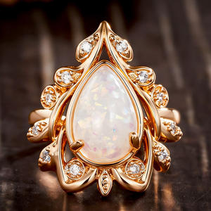 Anello da donna A069 in oro massiccio 18 carati con diamanti naturali taglio a pera, gioiello da sposa per lei - Product Image 2