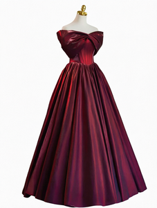 Robe de soirée en satin bordeaux, longueur ras du sol, coupe trapèze, avec nœud sur le devant, pour occasions formelles - Product Image 1
