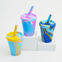 Gobelet en silicone de 280 ml avec paille, isolé, facile à nettoyer, sans BPA, anti-fuite, avec couvercles et pailles, tasses en silicone incassables