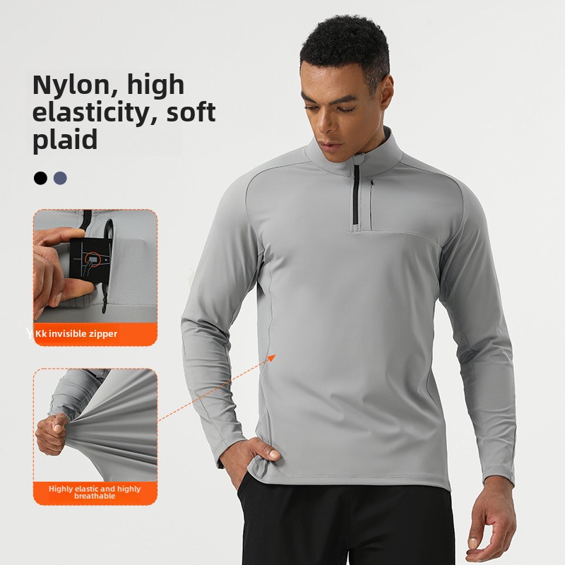 Nylon Half-Zip Sports Top for Men High-Elastic Fitness Training Running Clothing Stand-Up Collar