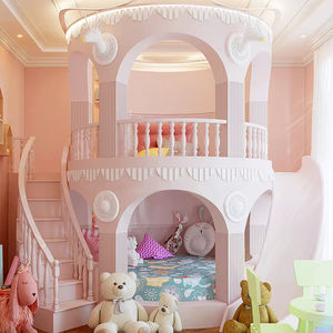 Cama alta tamaño king princesa litera Rosa redonda extragrande Castillo cama con tobogán, escaleras, para niñas camas infantiles Niña - Product Image 1
