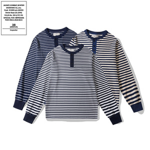 Vêtements d'automne pour hommes, T-shirt Henley rayé à manches longues en pur coton épais de style vintage, chemise nautique de style marin, fournisseur de choix - Product Image 1