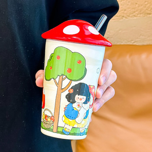 New Design 16oz <b>Ceramic</b> Coffee Mug <b>Cup</b> with Mushroom Lid and Straw - Product Image 4